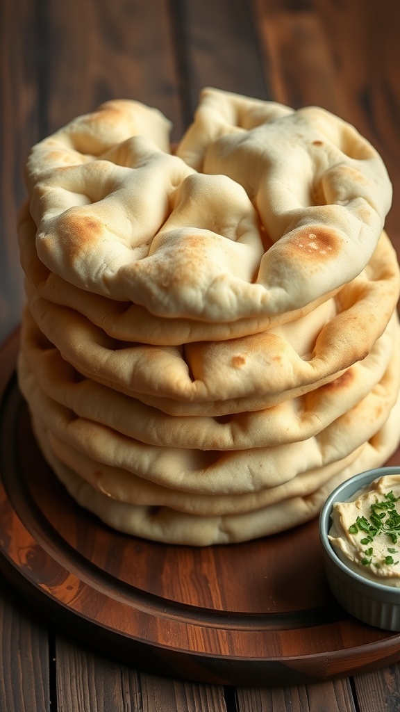 Homemade Pita Bread Recipe Freshly baked pita bread stacked on a wooden table with hummus and herbs.